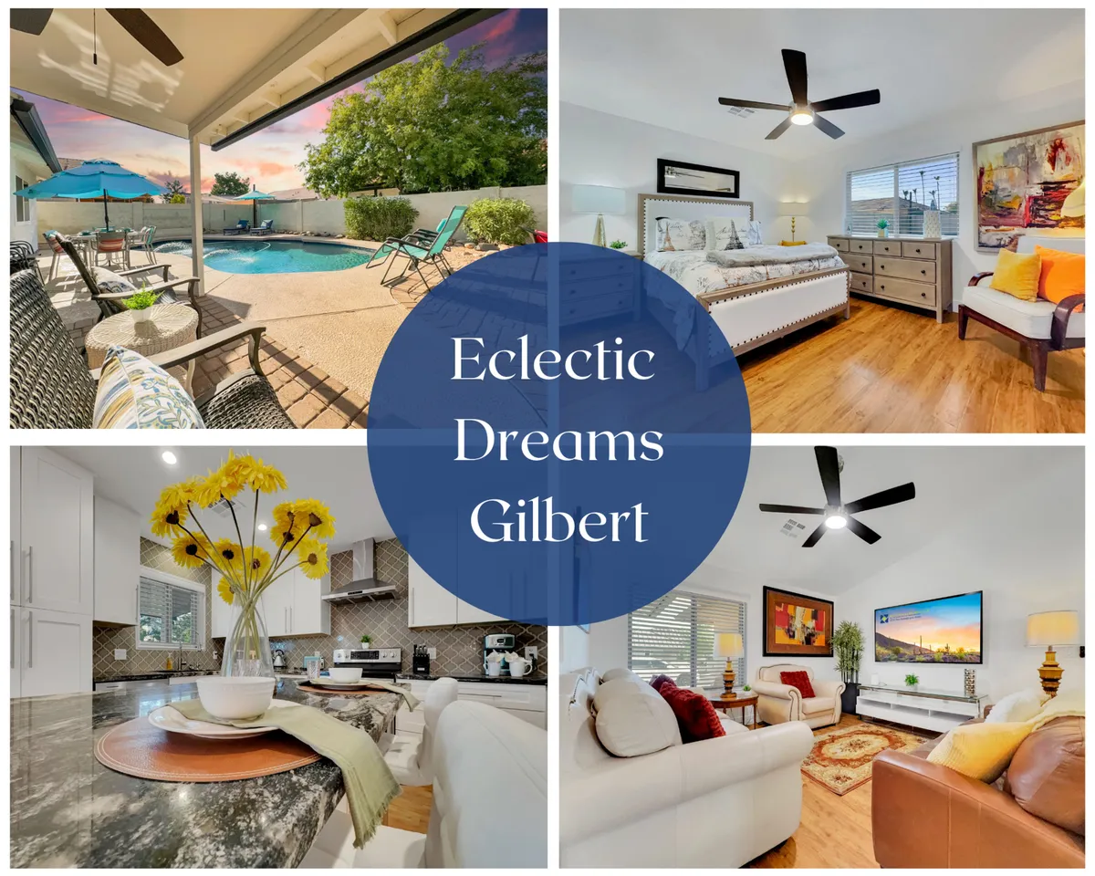 The image showcases a beautiful backyard at sunset with a sparkling swimming pool as the centerpiece, inviting outdoor seating areas surrounded by lush, decorative flowers, and a glimpse of a modern kitchen counter visible through open doors. The scene radiates warmth and relaxation, perfect for gatherings and enjoying Arizona evenings.